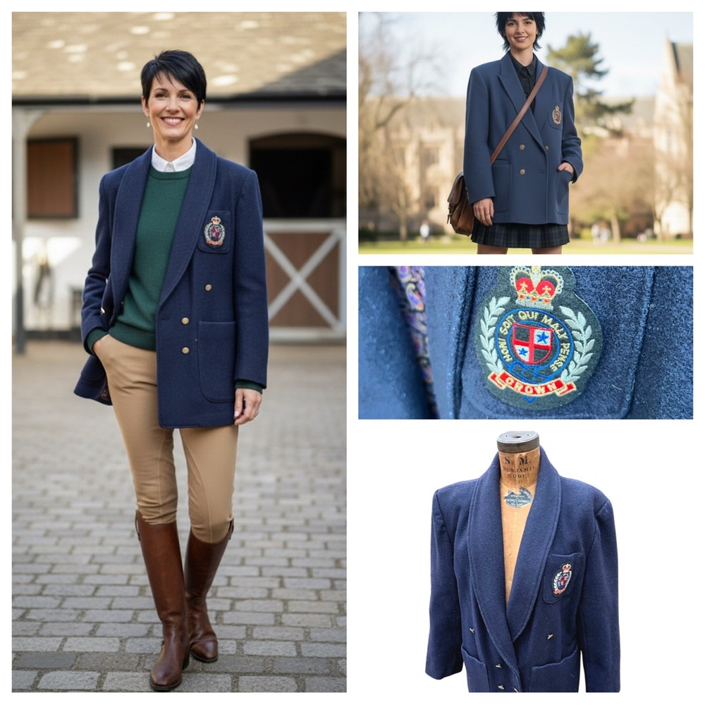 Vintage‎ Jacket Women Double Breasted Shawl Large Navy Crest Preppy Maitland 90s